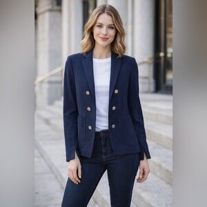Theory navy blue blazer, double breasted, golden metallic buttons, pockets, 2